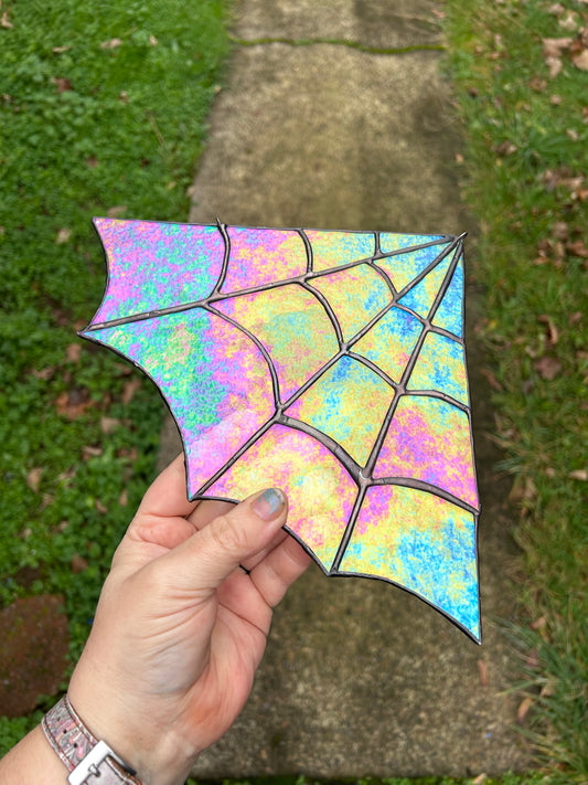 Iridescent stained glass spider web corner