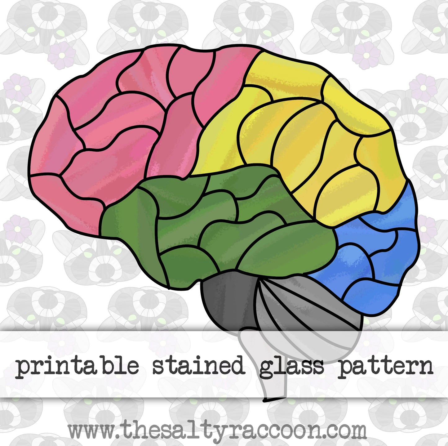 This printable stained glass pattern shows a multi colored brain, highlighting the different cortexes present. 